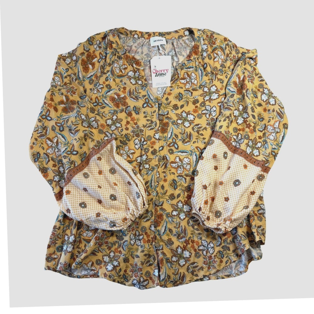 Heyson Boho Women's M Yellow Floral Print Long Sleeve Whimsical Peasant Blouse‎